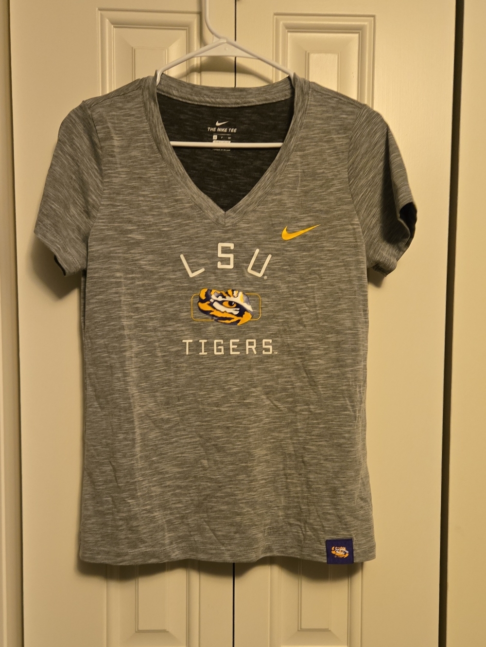 Nike Gray LSU Tigers Women's V-Neck Tee with Yellow Swoosh